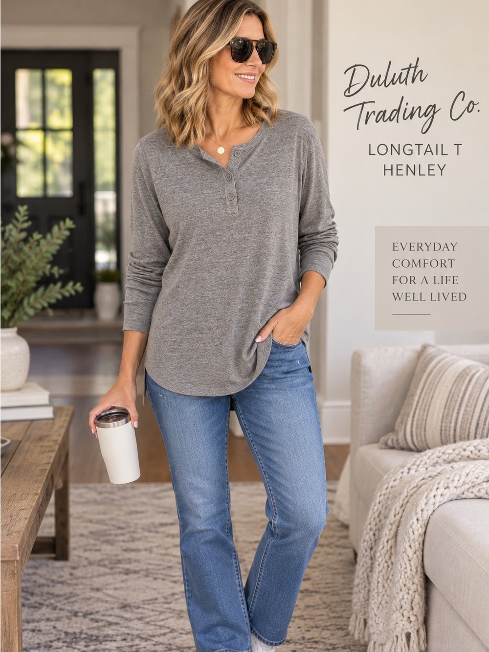 Duluth Trading Women’s Longtail T Henley Large Gray Long Sleeve 100% Cotton